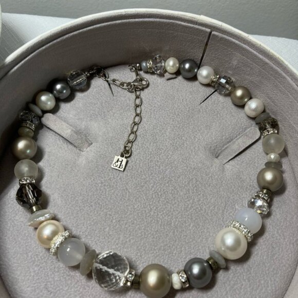 Hillberg  Berk STATEMENT NECKLACE natural stonesSwarovski PEARLS  crystals - Picture 2 of 9